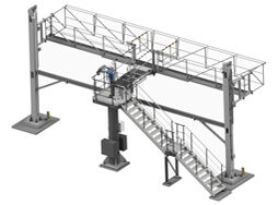 horizontal verfahrbarer Schutzkorb mit Klapptreppe und Aufgangstreppe