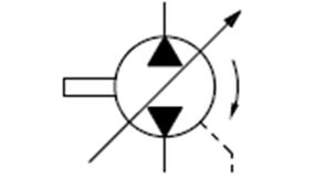 Hydraulik-Schaltzeichen: Verstellpumpe mit wechselnder Förderstromrichtung, externer Leckölleitung und einer Drehrichtung (im Uhrzeigersinn)