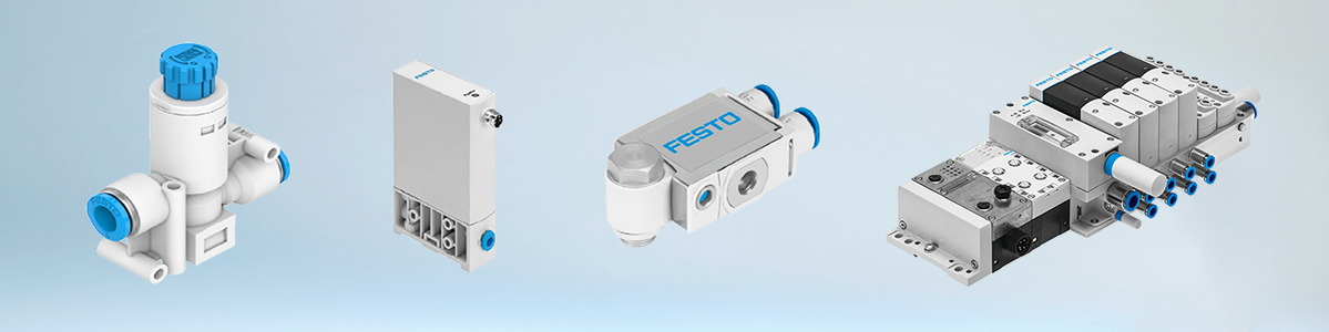 Headerbild mit vier Komponenten der Pneumatikventile & Ventilinseln von Festo