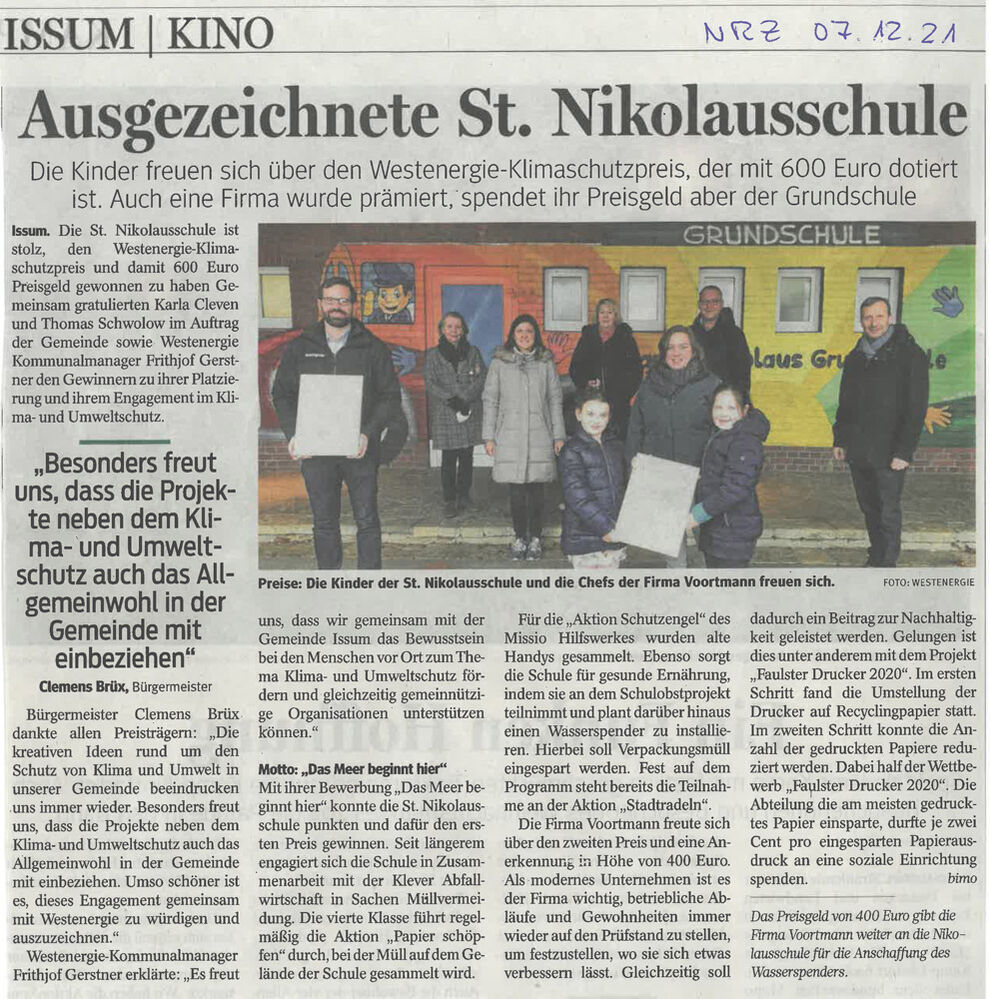 VOORTMANN spendet Klimaschutzpreis an die Grundschule in Issum Klimaschutzpreis Westenergie Issum