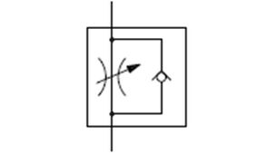Hydraulik-Schaltzeichen: Drossel-Rückschlagventil, einstellbar, freier Durchfluss in einer Richtung