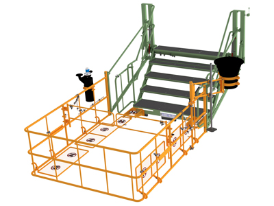 Klapptreppe mit separat verfahrbaren Schutzkorb, Parktrichter für Verladearm